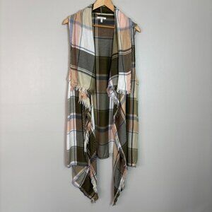 Maurices Open-Front Waterfall Vest L/XL Green Pink Plaid Fringe Women's